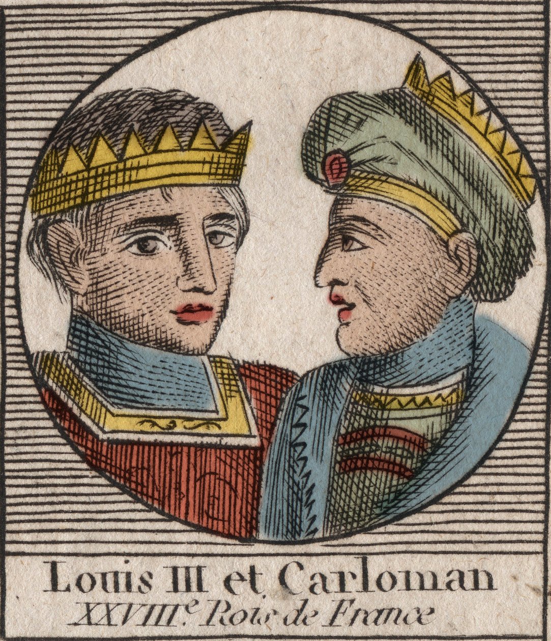 Portrety Ludwika III (863/65-882) Króla Franków w latach 879-882 i Karola II (866-884), Króla Franków w latach 879-884 - Ludwika II, króla Zachodniej Francji i Karola II, króla Zachodu Francia - rycina z „Instruction sur l