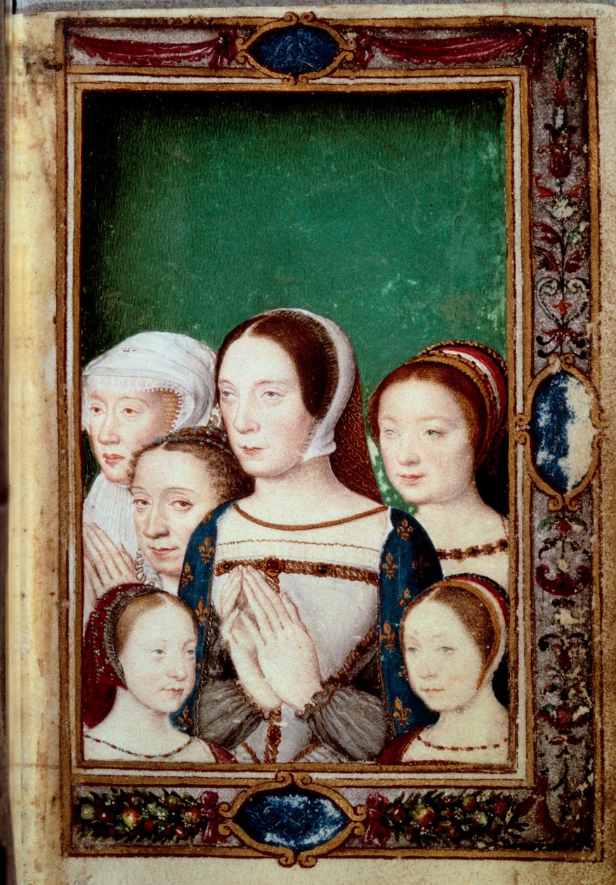 Portrety córek Franciszka I i jego dwóch żon. Dziewczęta: Ludwika (1515-1517). Charlotte (1516-1524), Madeleine (1520-1537), Małgorzata (1523-1574). Claude of France (1499-1524) i Eleonore Habsburg (1498-1558). Miniatura w „Księdze Ho .” autorstwa Unknown artist
