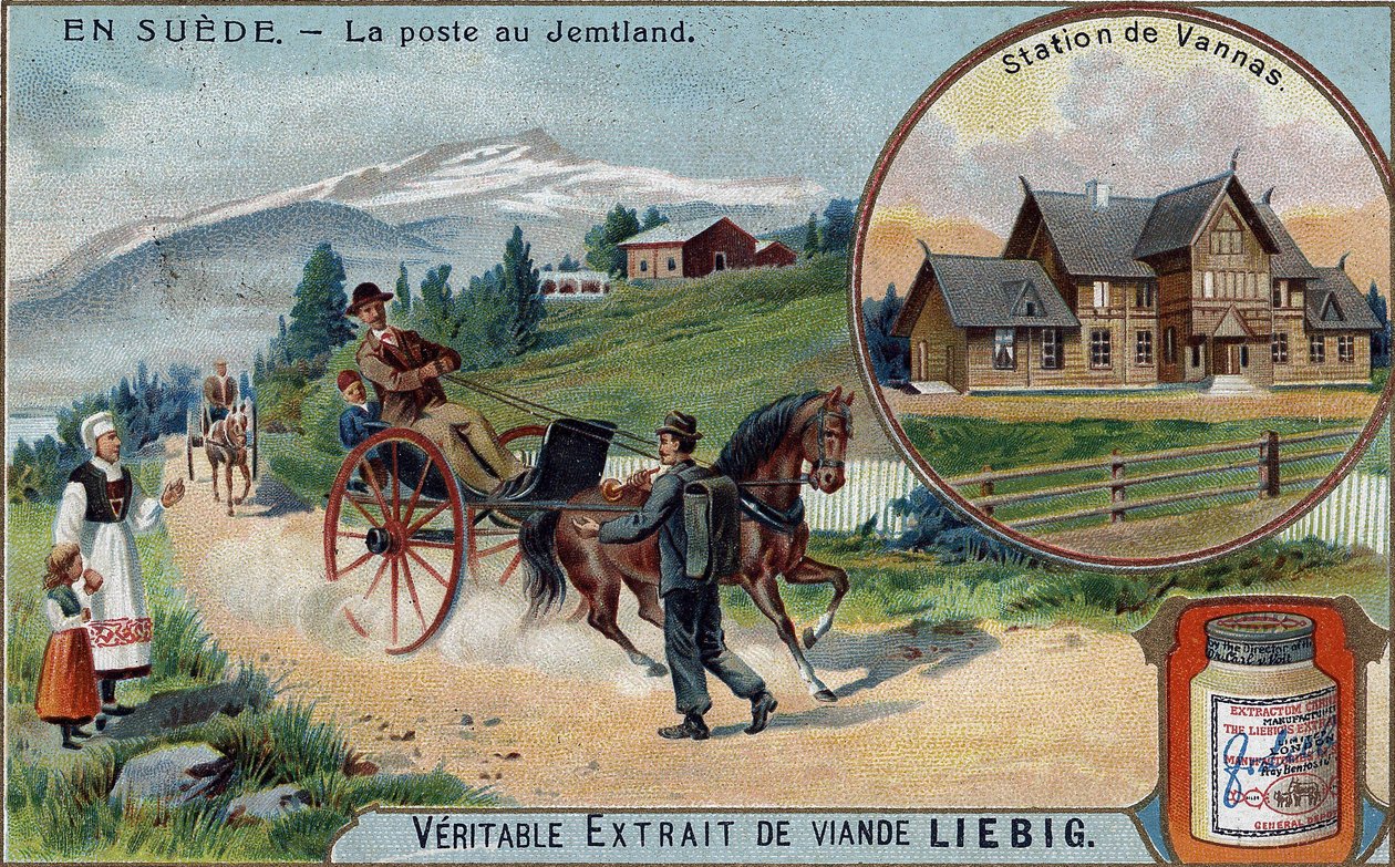 Poczta i listonosz w Jemtland, Szwecja. Chromolitografia, obraz Liebiga. autorstwa Unknown artist