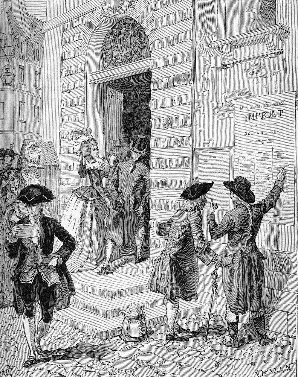 Plakat wydany przez ministra i kontrolera generalnego finansów Charlesa Alexandre (Charles-Alexandre) de Calonne (1734-1802) i zachęcający do pożyczki. Rycina XIX wieku. W „Histoire de France” Julesa Micheleta autorstwa Unknown artist