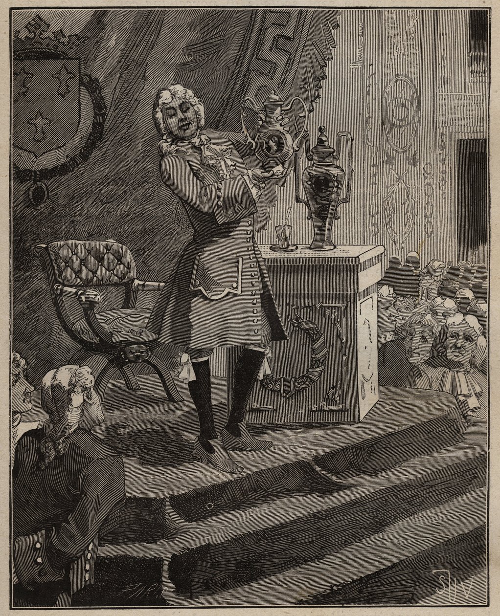 Ceramika: Pierre Joseph Macquer (1718-1784) prezentujący w Akademii pierwszą twardą porcelanę wykonaną we Francji przez fabrykę Sevres w 1769 r. Grawer z 1885 r. w „Les arts et metiers illustres” Adolphe BITARD. autorstwa Unknown artist