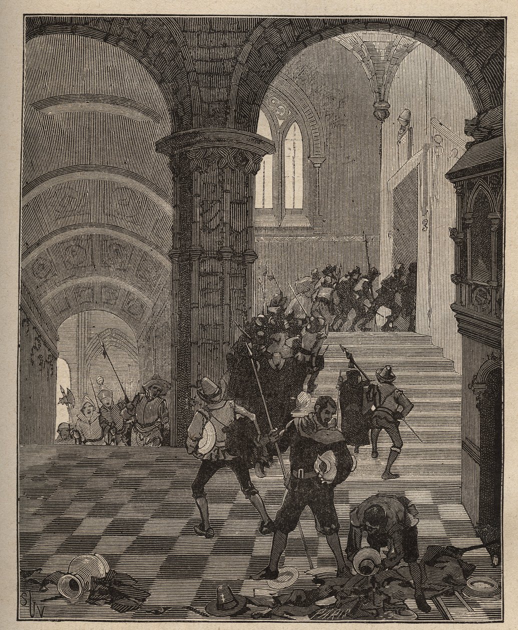 Garncarstwo: zniszczenie fabryki „Henri II” podczas plądrowania zamku Oiron (Deux Sevres) w 1568 roku podczas Ligi. Grawer z 1885 roku w „Les arts et metiers illustres” Adolphe BITARD. autorstwa Unknown artist