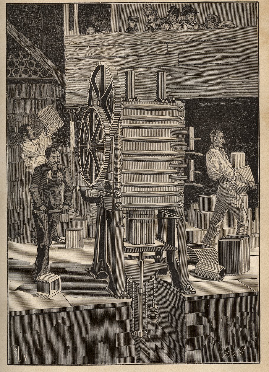 Ceramika: formowanie mechaniczne pustych części. Grawer z 1885 roku w „Les arts et metiers illustres” Adolphe BITARD. autorstwa Unknown artist