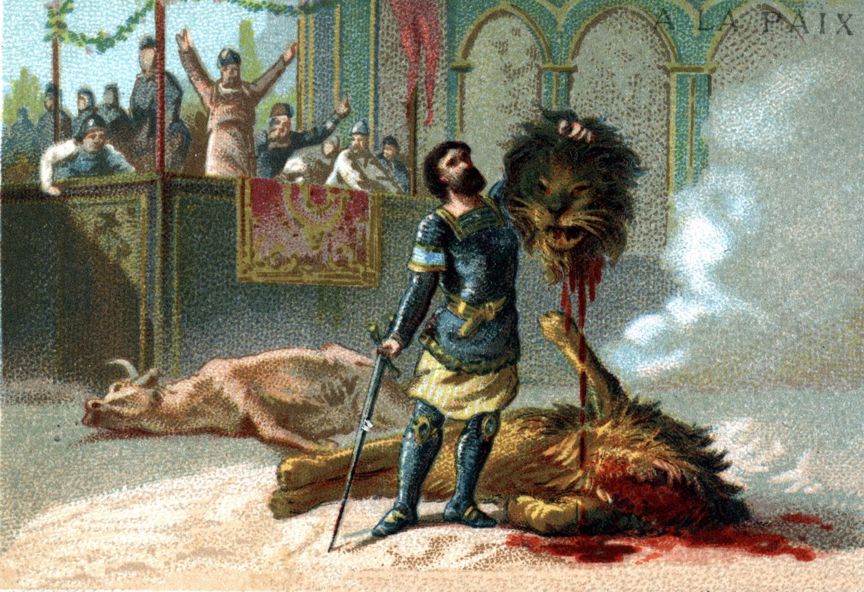 Pépin le Brief (715-768), król Franków, walczy z lwem i bykiem podczas świąt wydawanych z okazji jego koronacji w 751 roku. autorstwa Unknown artist