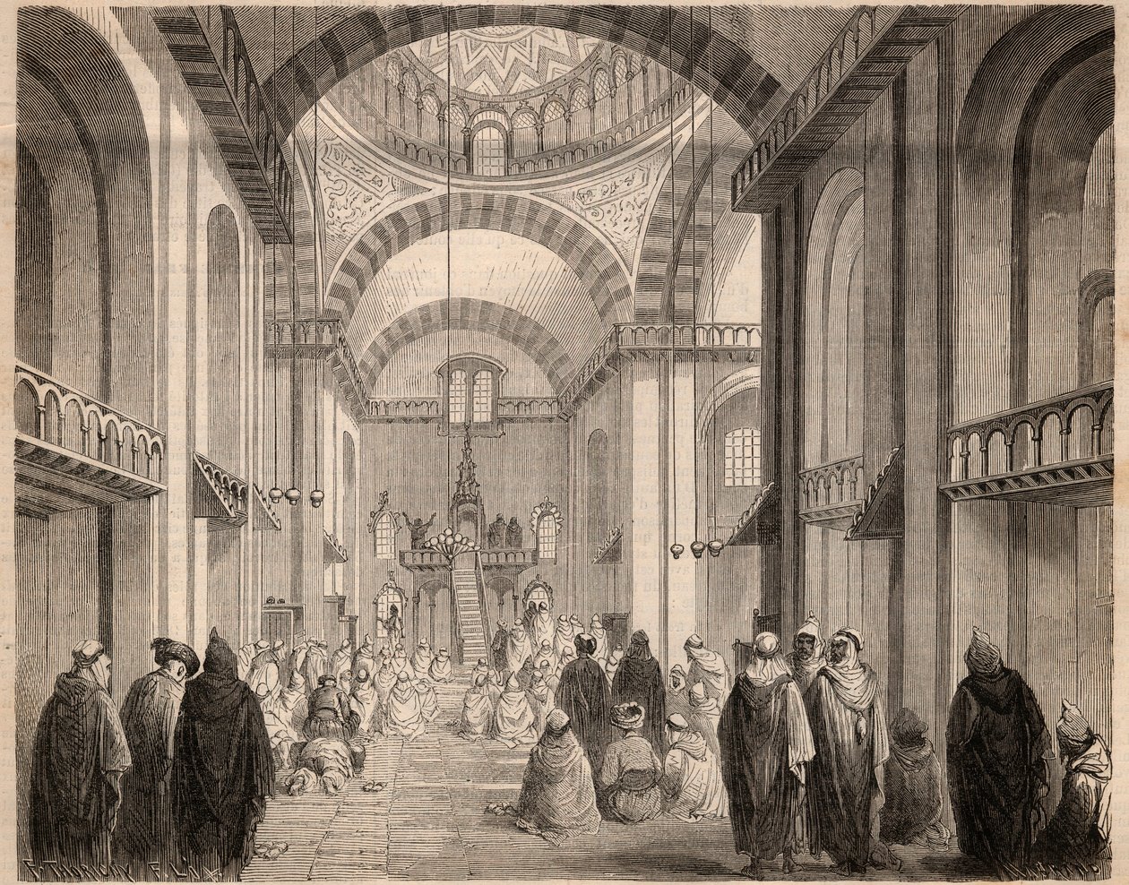 Modlitwy Ramadanu (Muslim Careme) w Wielkim Meczecie w Algierze w 1862 r. Rycina w „Le Monde illustrious” z 1862 r. Zbiory prywatne. autorstwa Unknown artist
