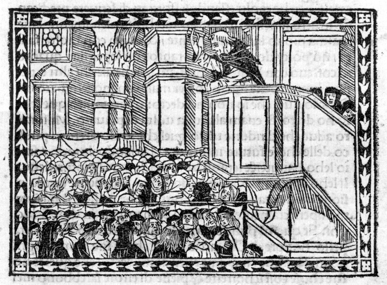 Głoszenie G. Savonaroli (Jerome Savonaroli) (1452 - 1498) - w „Kompendium Objawienia”, inkunabule z 23.04.1496. autorstwa Unknown artist
