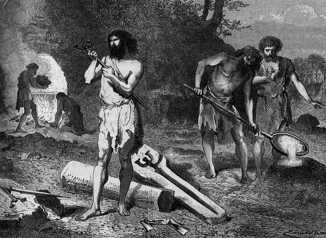 Prehistoria - pierwsi metalurdzy epoki brązu: wyrób brązu. Grawerowanie w „” Le Journal de la jeunesse”” autorstwa Unknown artist