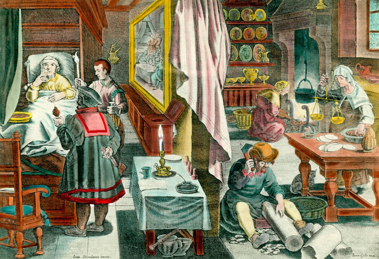 Przygotowanie i podawanie leków przeciw kile wenerycznej na bazie guano”” Rycina z XVII wieku. Paryż. Akademia Medyczna autorstwa Unknown artist