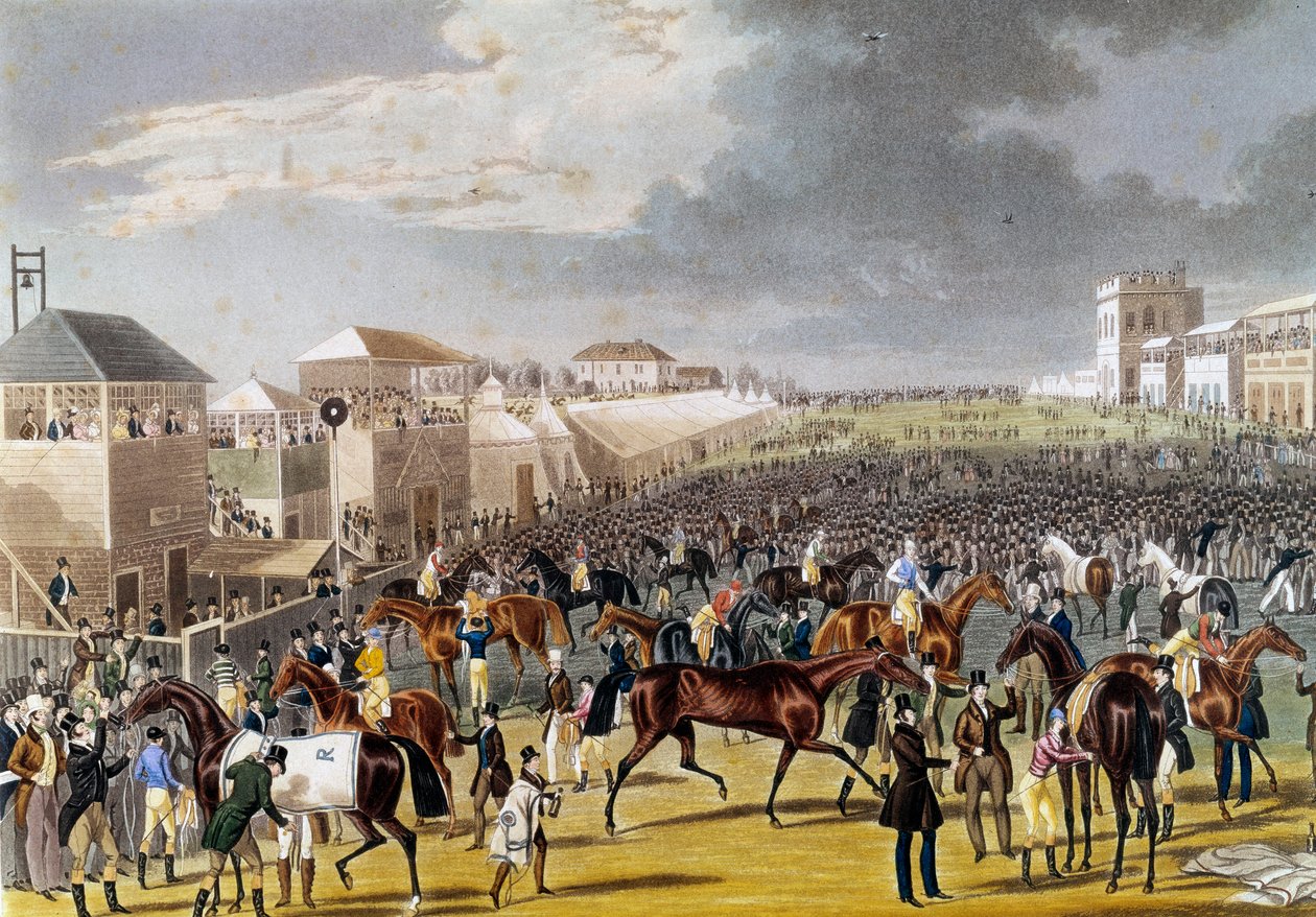 Przygotowania do wyścigu Epsom (Epsom Oaks: angielski wyścig konny). Rycina XIX-wiecznej kolekcji prywatnej autorstwa Unknown artist