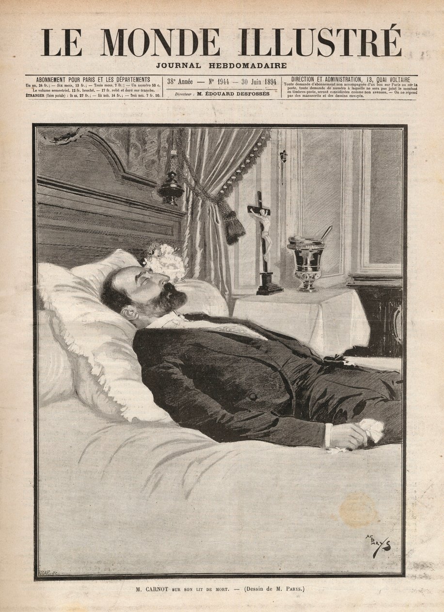 Prezydent republiki Sadi Carnot (1837-1894) na łożu śmierci, w kontekście agitacji związkowej i anarchistycznej, został zamordowany 24 czerwca na wystawie w Lyonie przez Sante Caserio (1873-1894) i później. Grawerowanie w „Le monde illustrious” f autorstwa Unknown artist