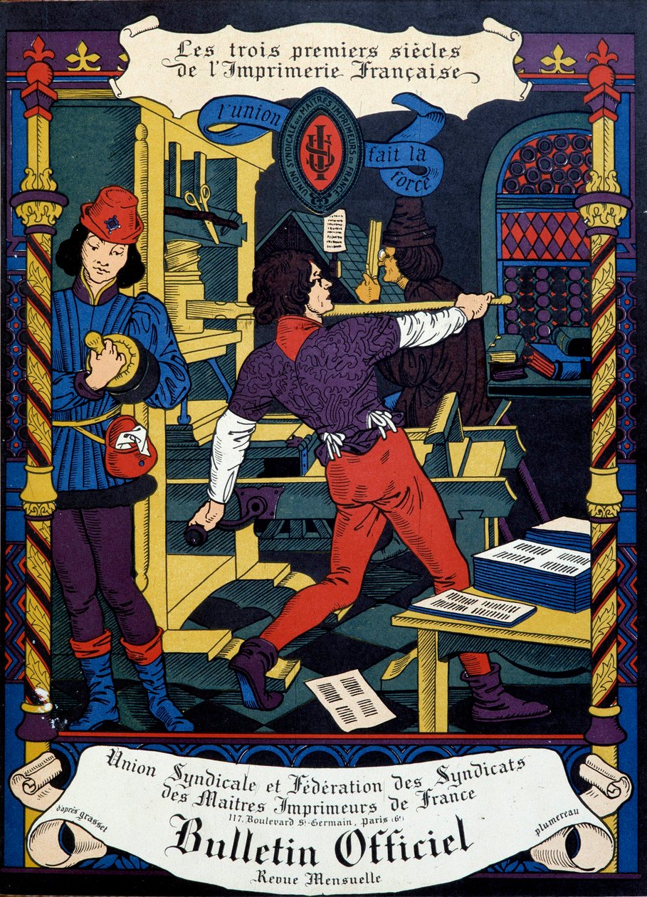 Druk: strona tytułowa oficjalnego biuletynu Union syndicale des maitres printers de France. 19 wiek. Paryż, B.N. autorstwa Unknown artist