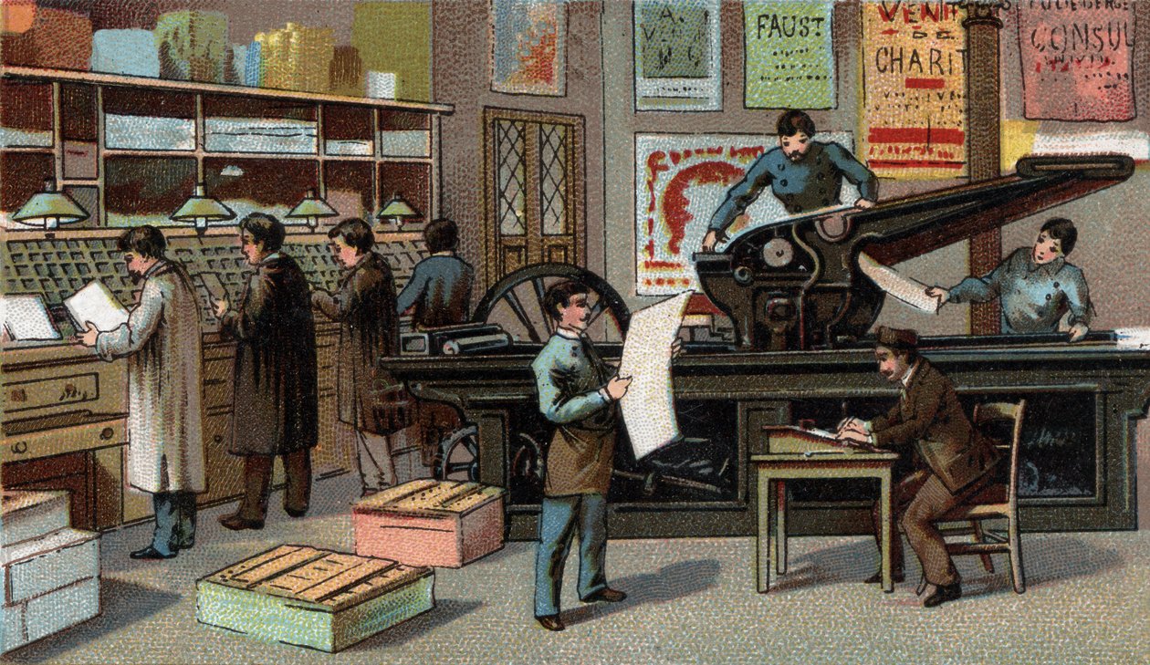 Druk we Francji w XIX wieku. Chromolitografia z końca XIX wieku autorstwa Unknown artist
