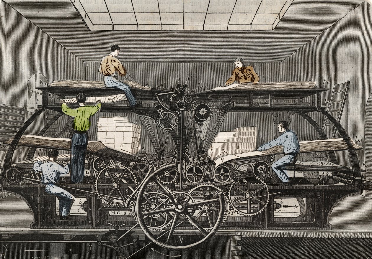 Prasa drukarska: prasa drukarska gazety „Le Siecle” w Paryżu. Grawer z 1857 roku w „Le Musee Des Sciences”” autorstwa Unknown artist