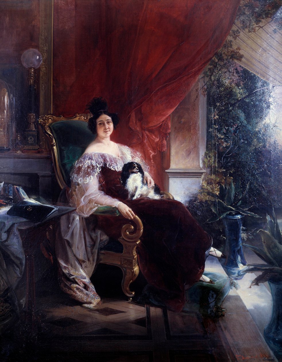 Prywatność, pani z psem. Pies siedzący na kobiecie na werandzie. Obraz Francois Bourbot (XIX wiek) autorstwa Unknown artist