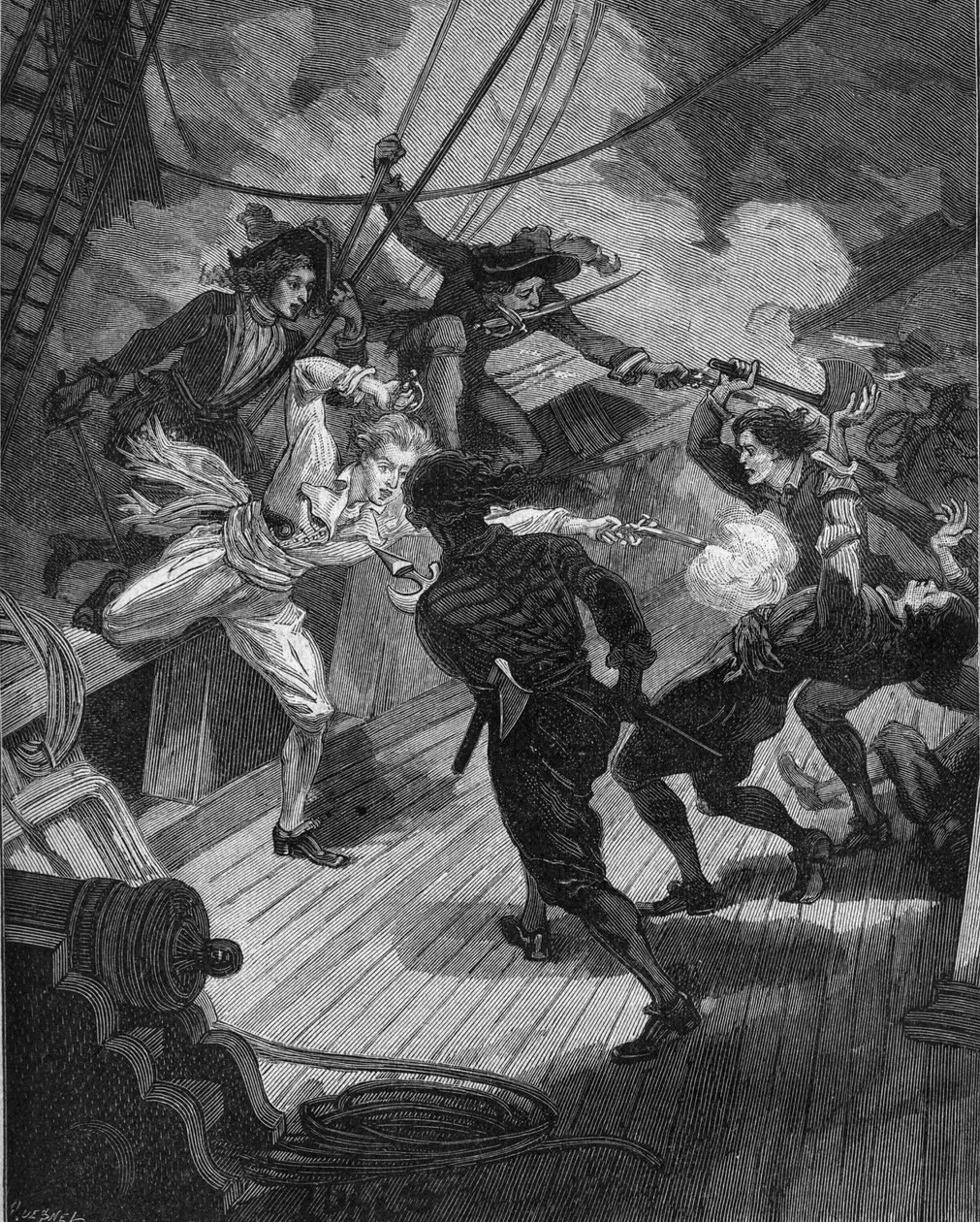 Kaper Jean Bart (1650-1702) zbliża się do statku. Rycina XIX wieku. W „Histoire de France” Julesa Micheleta autorstwa Unknown artist