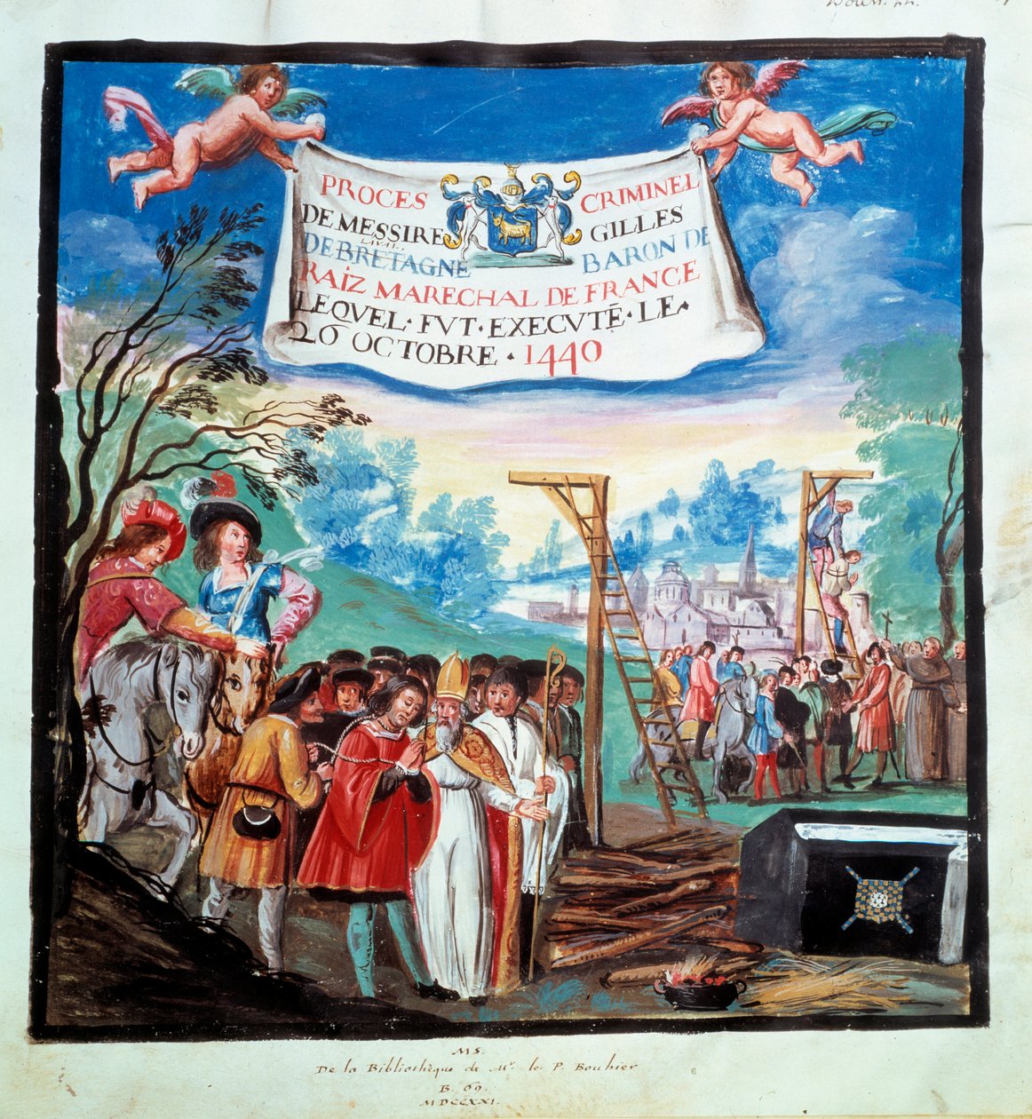 Proces Gilles de Rais (Retz ou Rays) (1404-1440): „” Egzekucja, szubienica i rzeźnik””” Jest stracony za morderstwo i herezję. Miniatura z XV wieku. Paryż, B.N. autorstwa Unknown artist