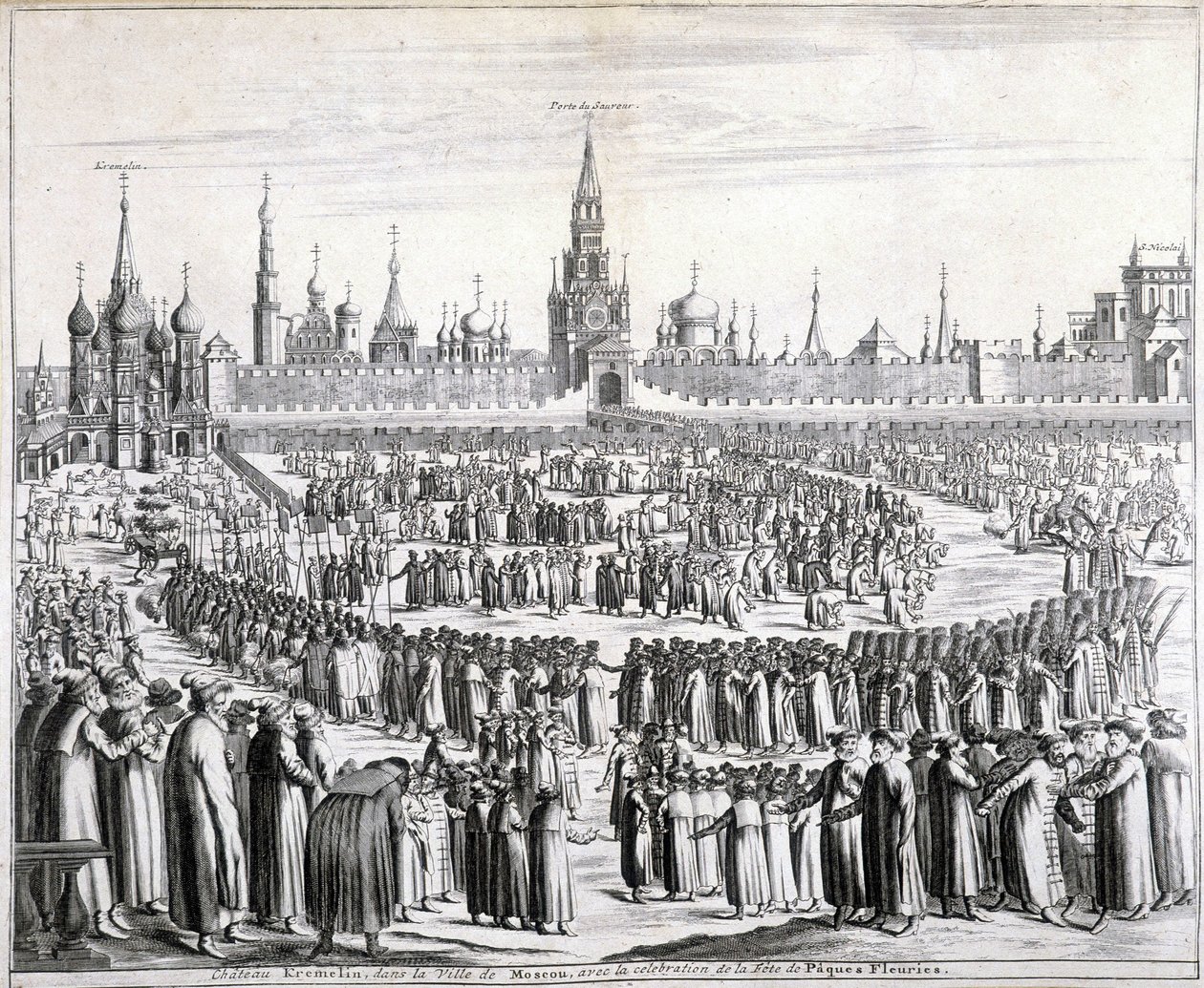 Procesja Kwiatów Wielkanocnych przed Bramą Świętego Zbawiciela i Kremlem w Moskwie. Rycina XIX wieku. autorstwa Unknown artist