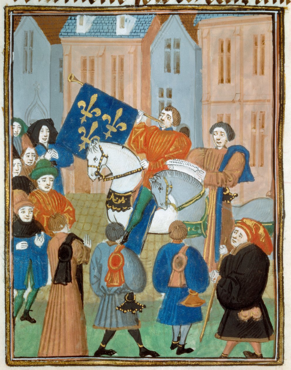 Ogłoszenie pokoju w Reims w dniu 2 października 1435 po podpisaniu traktatu z Arras między królem Karolem VII a księciem Burgundii Filipem III Dobrego kończącego wojnę domową między Armagnacs a Burgundami. Miniatura z „”Królów i królowej autorstwa Unknown artist