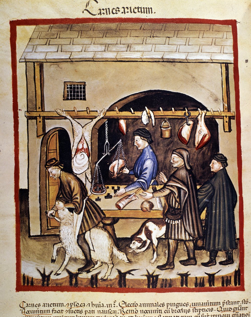 Produkcja i sprzedaż (rzeźnik) mięsa baraniego. Owca zostaje ubita. Oświetlenie z doju medycyny i dietetyki „”Tacuinum sanitatis”” autorstwa Unknown artist