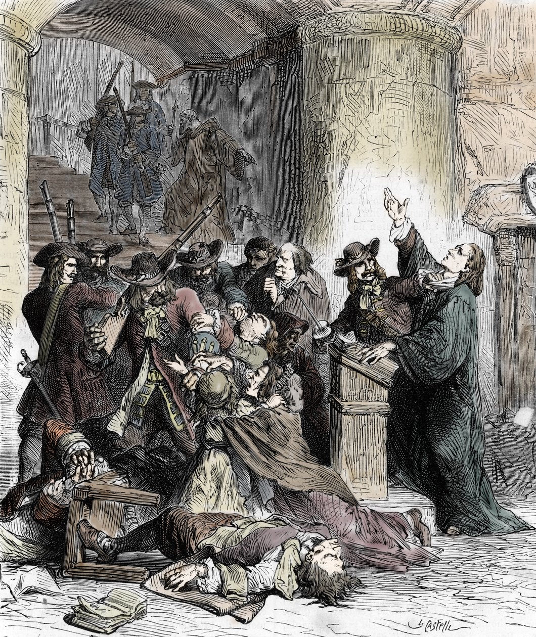 Zakaz kazań i aresztowania protestantów po odwołaniu Edit de Nantes (dragonnades za Ludwika XIV (1681-1686): katoliccy żołnierze (smoki) masakrują protestantów. XIX wiek (rycina) autorstwa Unknown artist