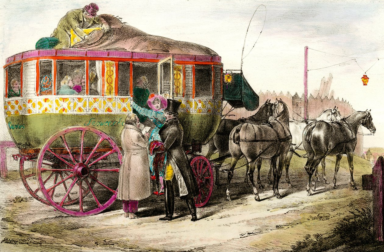 Transport publiczny: pasażerowie wchodzący do Parisienne Diligence. Rycina XIX-wiecznej kolekcji prywatnej autorstwa Unknown artist