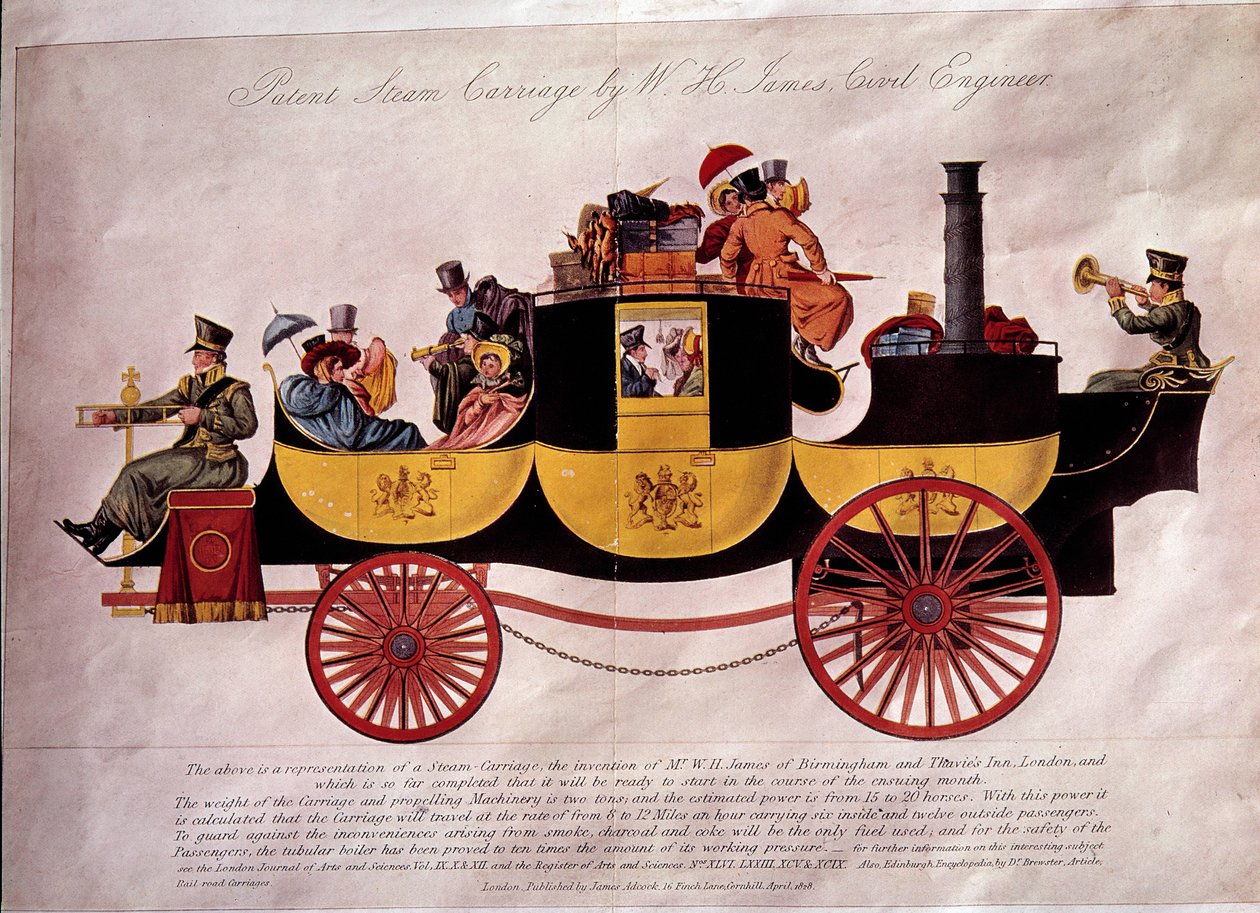Transport publiczny: przedstawienie parowca załadowanego pasażerami i bagażem. Został zaprojektowany przez inżyniera W.H. James. Litografia z 1828 r. Sztuka dekoracyjna, Paryż autorstwa Unknown artist