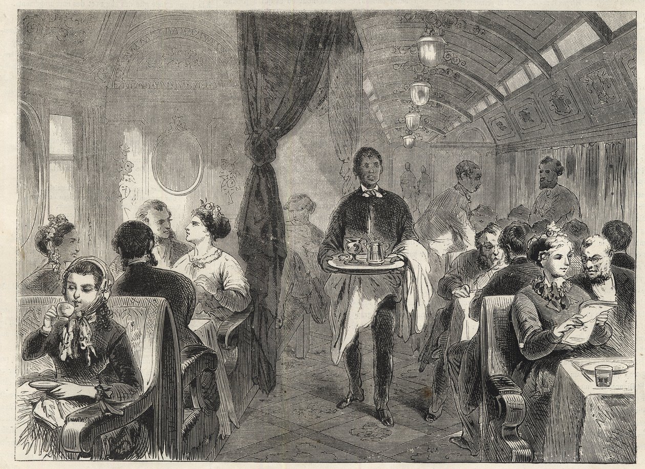 Wagon restauracyjny Pullman Kolei Pacyfiku w 1869 r. - wewnątrz wagonu hotelu na Pacyfiku - autorstwa Unknown artist