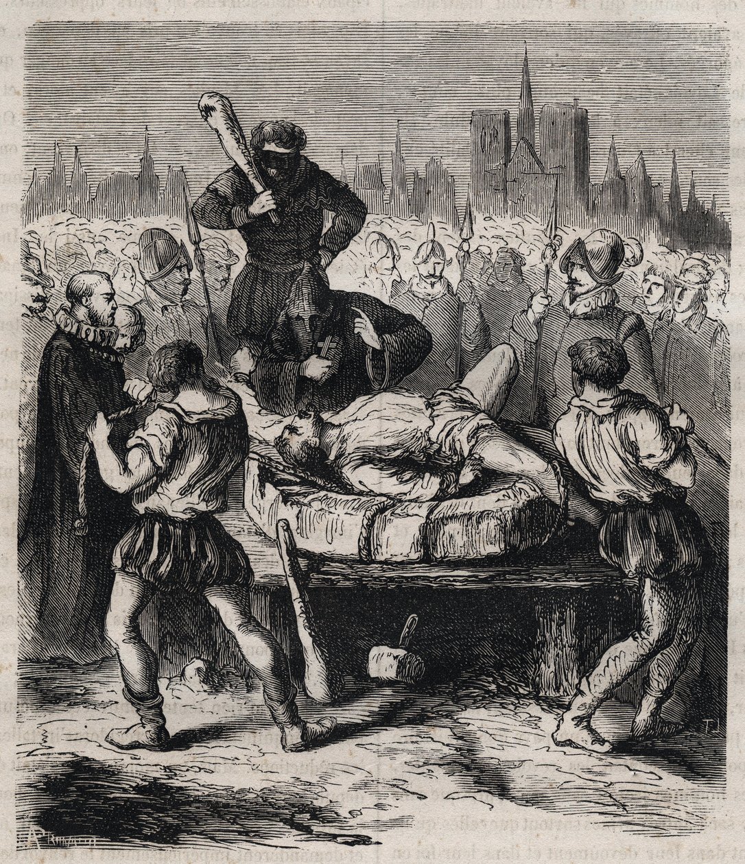 Ukaranie Francois Ravaillaca (1578-1610) zabójcy króla Henryka IV (1553-1610) na Place de Greve w Paryżu w 1610 r. - Rycina z 1879 r. w „Historii tajnych, politycznych i religijnych stowarzyszeń” Pierre