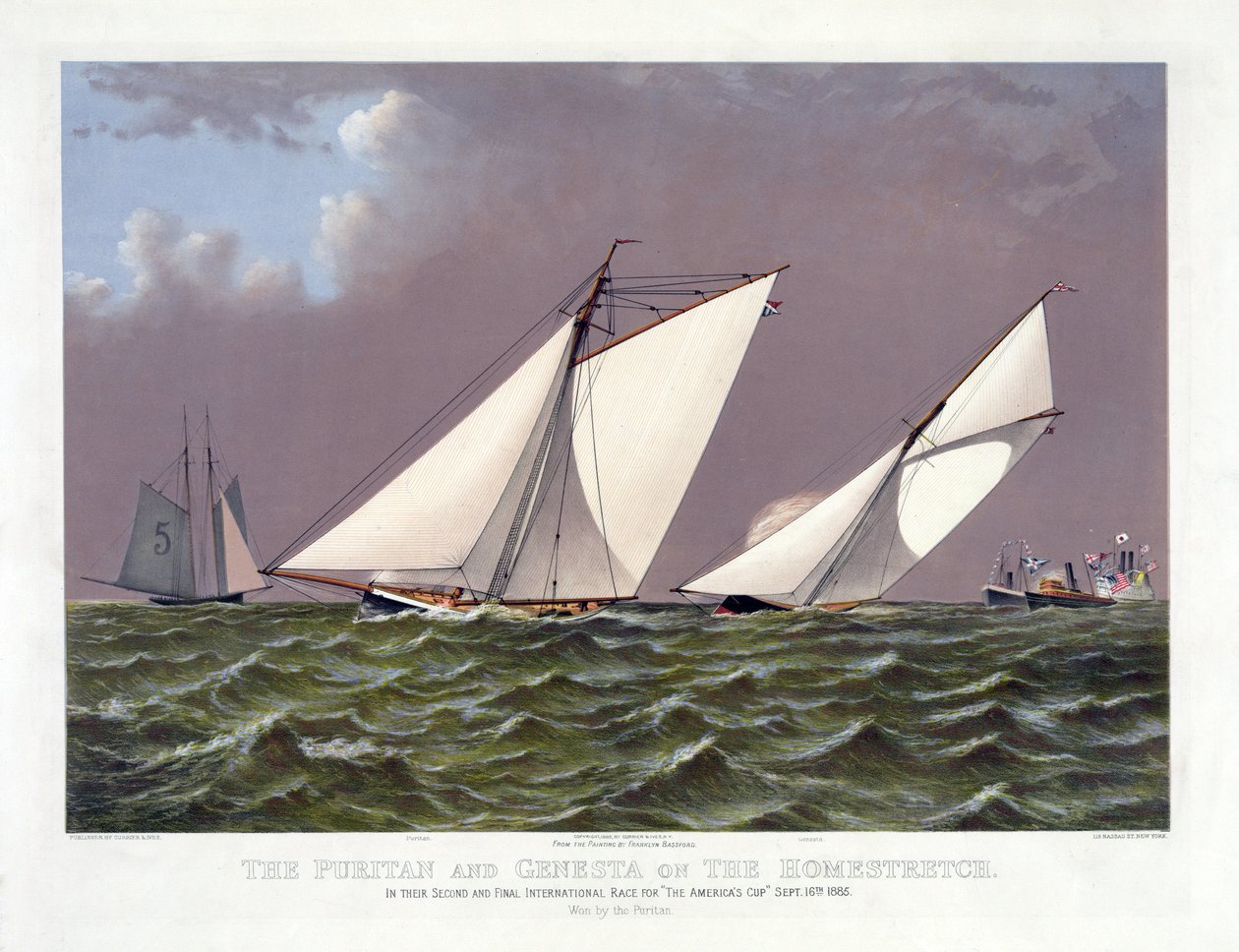 Żaglówki purytańskie i Genesta podczas jednej z regat o Puchar Ameryki w dniu 16.09.1885. autorstwa Unknown artist