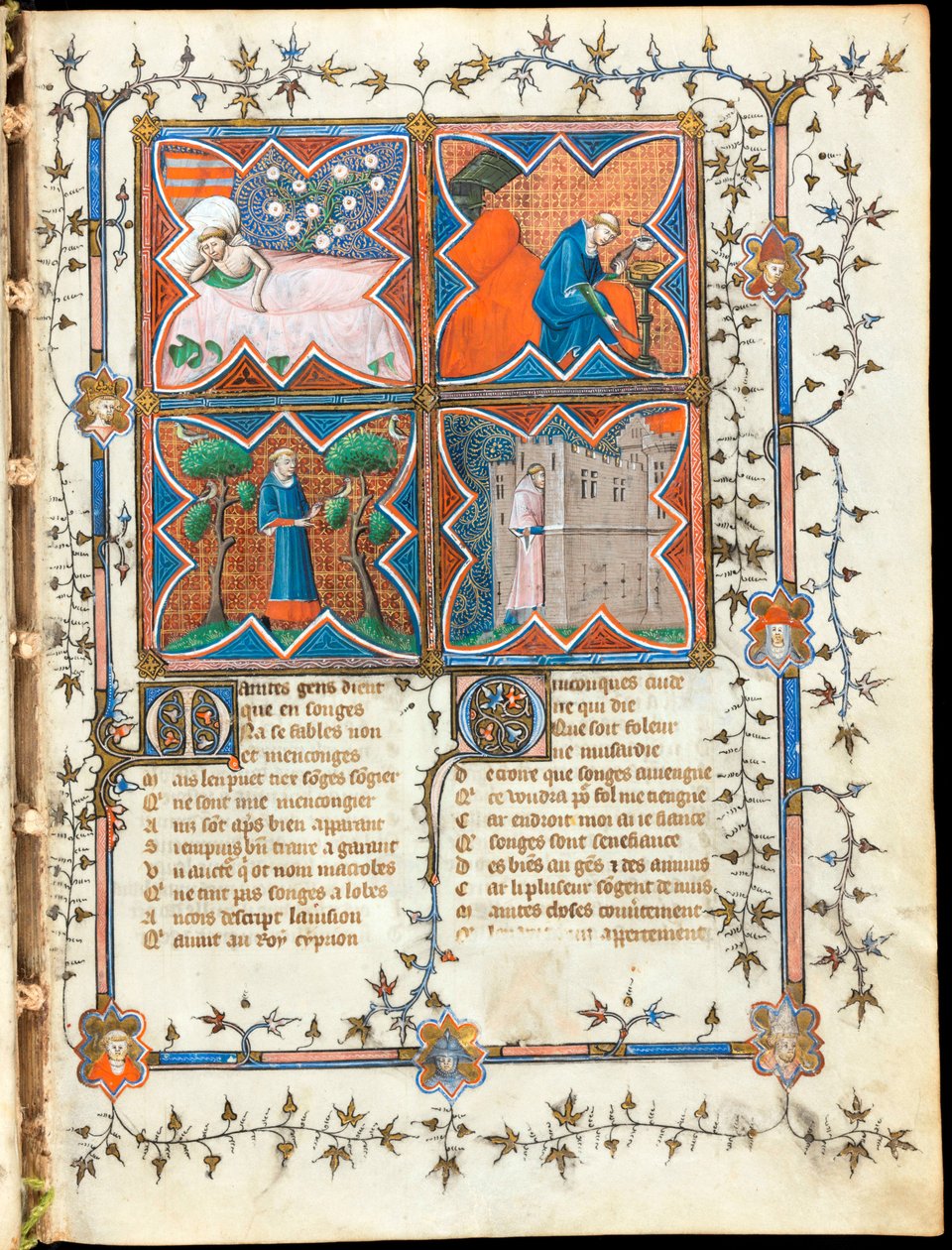 „Czterej mężczyźni zajęci różnymi czynnościami”” podświetlona strona z rękopisu „Le Roman de la Rose” autorstwa Guillaume de Lorris (około 1200-1238) i Jeana de Meun (Meung) (1240-1305) około 1353 Szwajcaria, Biblioteka Genewska autorstwa Unknown artist