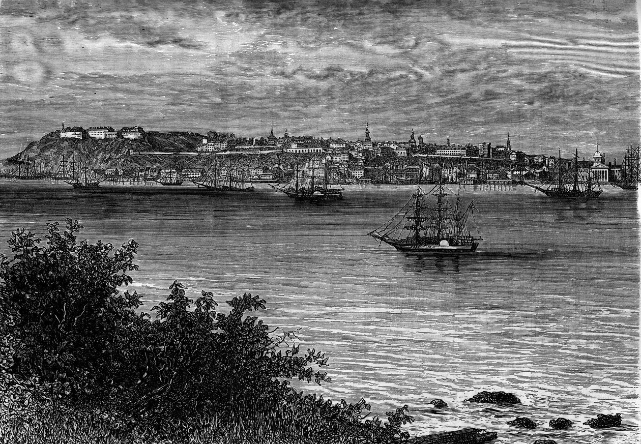 Quebec City, Kanada, od prawego brzegu St. Lawrence (St. Lawrence). Grawerowanie w „” Le Journal de la jeunesse”” autorstwa Unknown artist