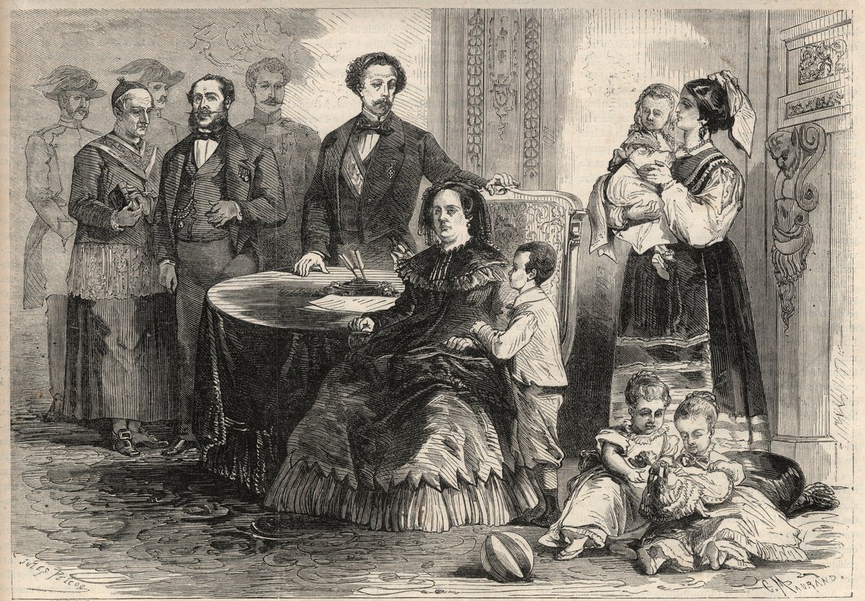Hiszpańska królowa Izabela II (Isabella de Bourbon) (1830-1904) i Franciszek z Asyżu de Bourbon lub Franciszek I z Hiszpanii (1822-1902) schronili się ze swoimi dziećmi na zamku w Pau we Francji po rewolucji wrześniowej (Gloriosa) . Wśród ich dzieci autorstwa Unknown artist