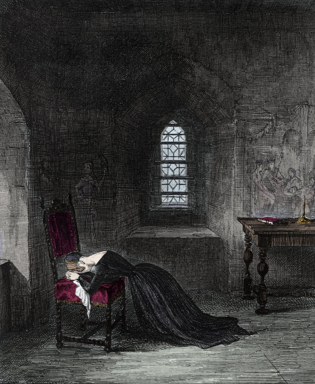 Królowa Jeanne Grey jest więźniem Tower of London. Lady Jane Grey (1537-1554), siostrzenica króla Henryka VIII, była królową Anglii przez 9 dni. Jej kuzynka Mary (Mary Tudor) domagająca się tronu zostanie uwięziona i stracona za zdradę stanu. Rytownictwo autorstwa Unknown artist