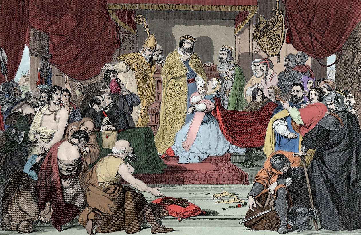 Królowa Filipa wstawia się u Edwarda III w sprawie życia mieszczan z Calais - Królowa Angeleterre Filippa z Hainaut (1314-1369), orędowniki mieszczan z Calais przed swoim mężem, królem Edwardem III autorstwa Unknown artist