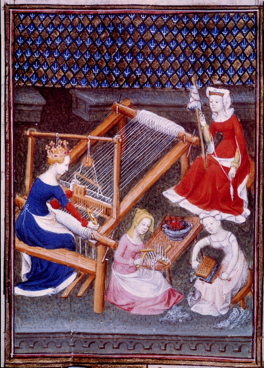 Królowa Tanaquil, żona króla rzymskiego Tarquina Starszego, tkaczka Miniatura zaczerpnięta z „”De mulieribus claris”””(Kobiety jasne i szlachetne)”” autorstwa Giovanniego Boccaccio (Boccaccio) (1313-1373) autorstwa Unknown artist