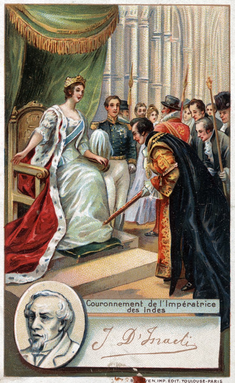 Królowa Anglii Wiktoria koronowała Cesarstwo Indii w 1877 r. przy wsparciu Benjamina Disraeli (1804-1881) brytyjskiego pisarza i polityka. Chromolitografia XIX wieku. autorstwa Unknown artist