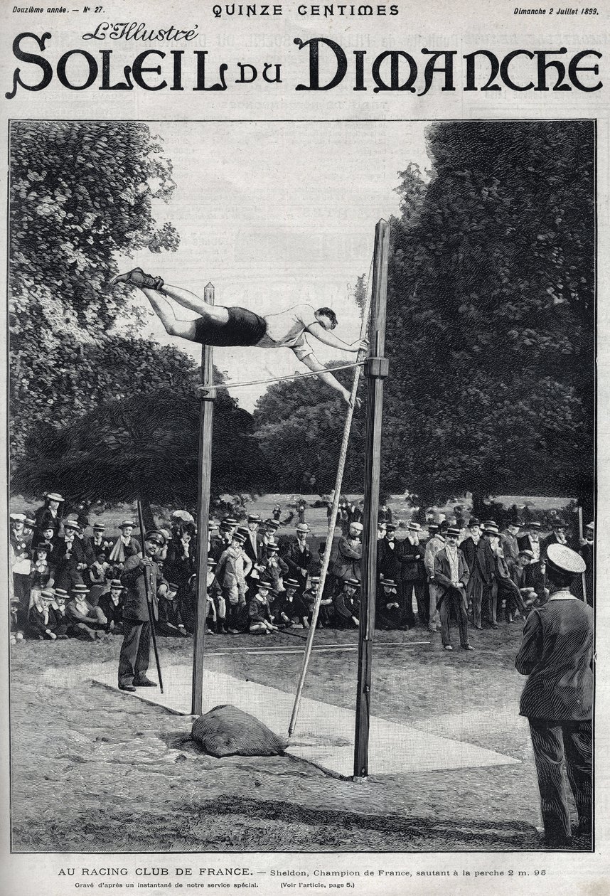 Klub wyścigowy Francji. Sheldon, mistrz Francji, skacze 2, 95 m, aby skoczyć a la Perche. Grawerowanie w „”Le sun-du-dimanche”, 2 lipca autorstwa Unknown artist