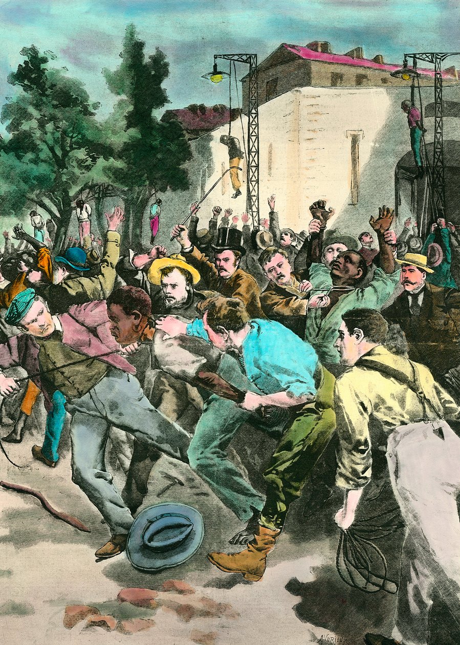 Scena rasizmu: Czarny lincz w Stanach Zjednoczonych oskarżony o zabijanie białych ludzi. Rycina XIX wieku. autorstwa Unknown artist