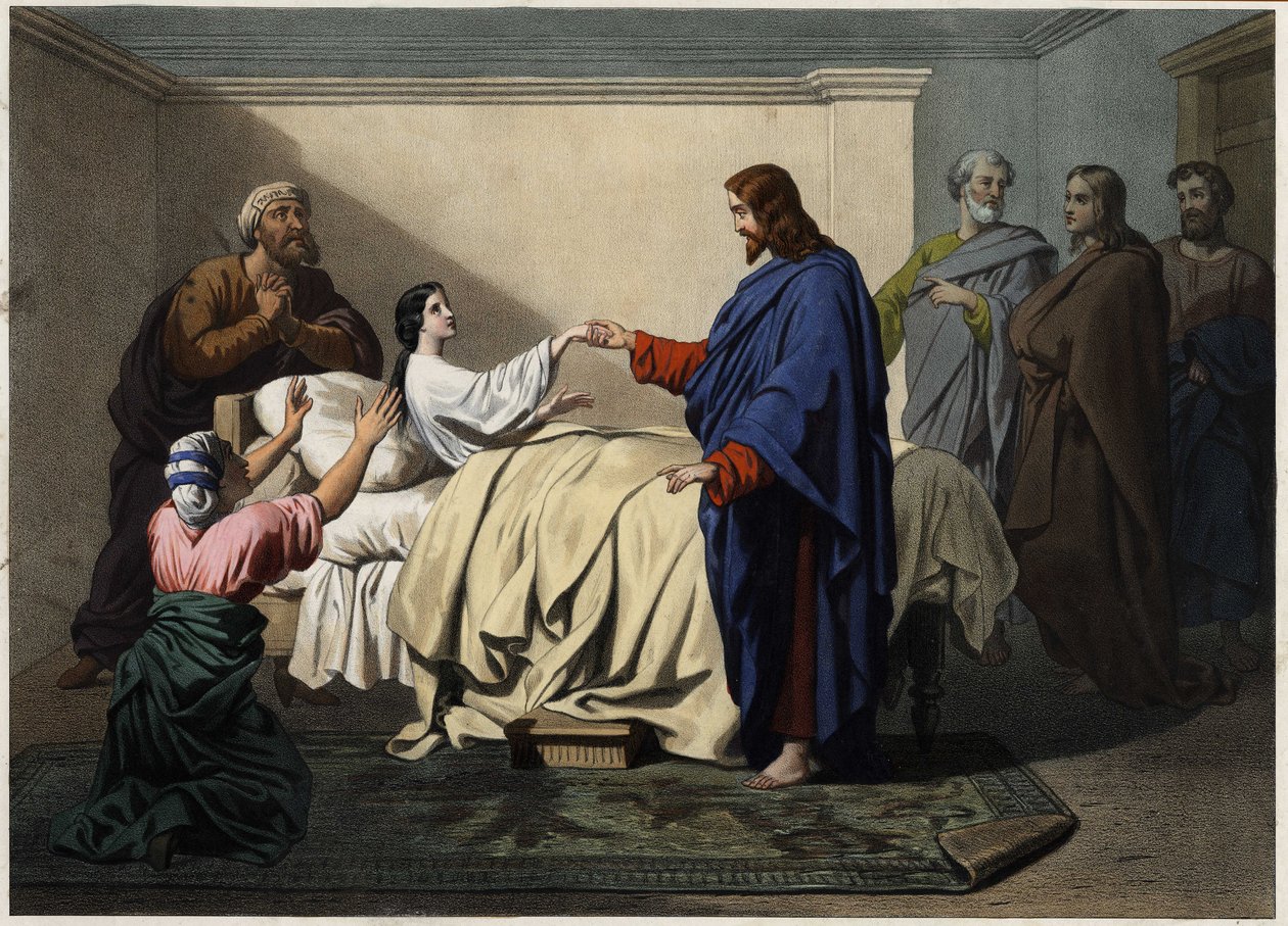 Wychowanie córki Jaira - Jezus ratuje córkę Jaira (Jaira lub Jairosa). Anonimowy rycina z końca XIX wieku. autorstwa Unknown artist