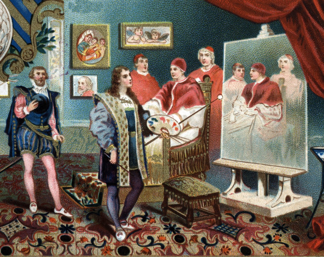 Rafael (Raffaello Sanzio) pracujący nad portretem papieża Leona X (leone 10) otacza kardynałów Jules de Medicis (Giulio) (papież Klemens VII autorstwa Unknown artist