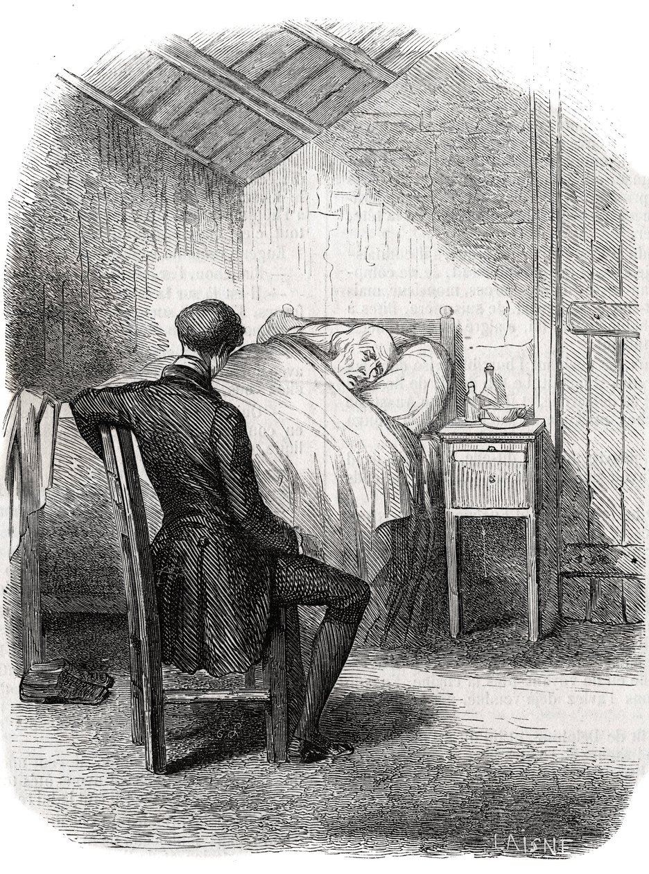 Rastignac pozostał sam w pobliżu starca, siedząc w nogach łóżka... Rycina połowa XIX wieku. Ilustracja do „Ojca Goriota” Honore de Balzac (1799-1850). autorstwa Unknown artist