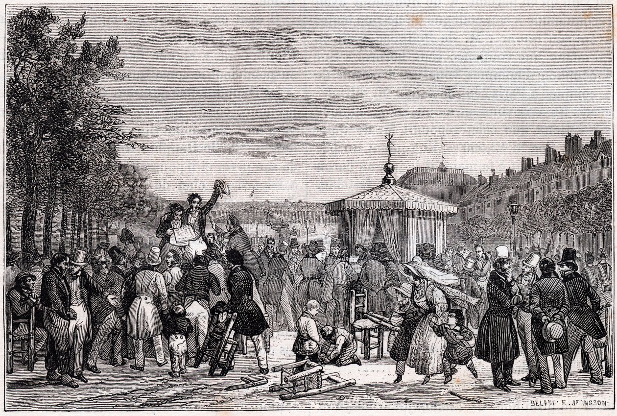 Odczytanie orzeczeń opublikowanych w gazecie Moniteur w ogrodach Pałacu Królewskiego w Paryżu 26 lipca 1830 w czasie wojny domowej - Rewolucja 1830 - autorstwa Unknown