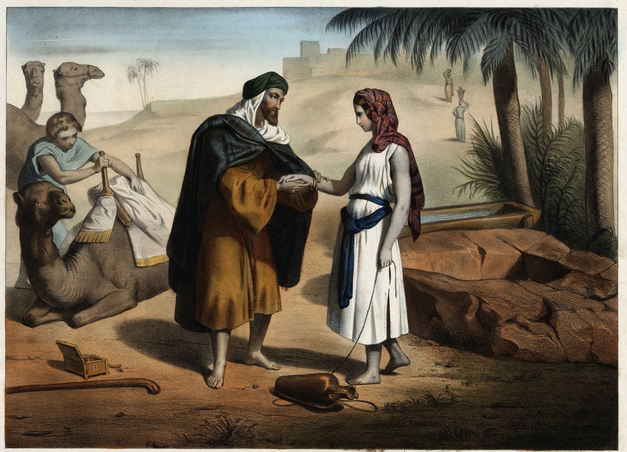 Rebeka i Eliezer do studni: Eliezer z Damaszku, oskarżony o znalezienie żony dla Izaaka w Mezopotamii, sprowadza Rebekę z powrotem. Anonimowy rycina z XIX wieku. autorstwa Unknown artist
