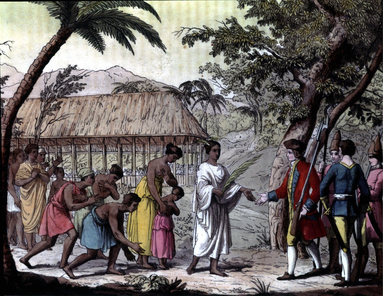 Pokwitowanie nawigatora Samuela Wallisa przez królową Oberea na Tahiti. „”Nawigacje Cooka”, Mediolan autorstwa Unknown artist