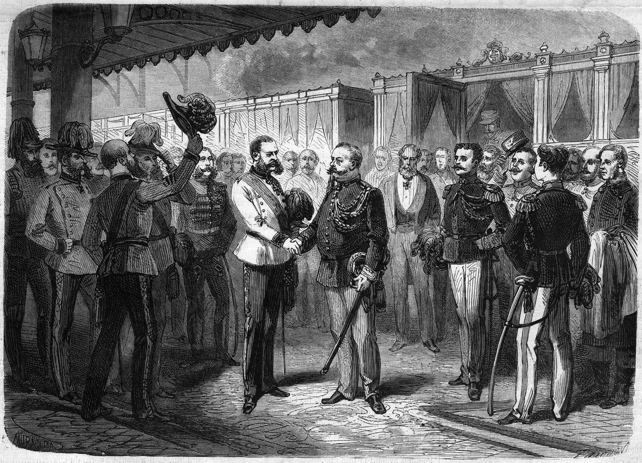 Przyjęcie króla Włoch Vittorio Emanuele II (Victor Emmanuel) (Vicctor Emmanuel) (1820-1878) przez cesarza Austrii Franciszka Józefa I (Francois-Joseph) (1830-1916) w Wiedniu w 1873 roku. Grawerowanie w „” Znakomity Wszechświat”” autorstwa Unknown artist