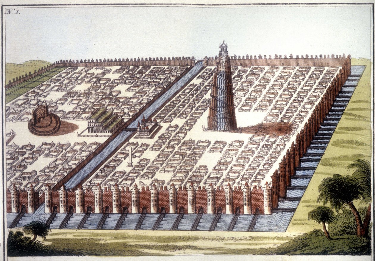 Zrekonstruowany widok starożytnego miasta Babilon, z ogrodzeniem, wiszącymi ogrodami i zigguratem. autorstwa Unknown artist