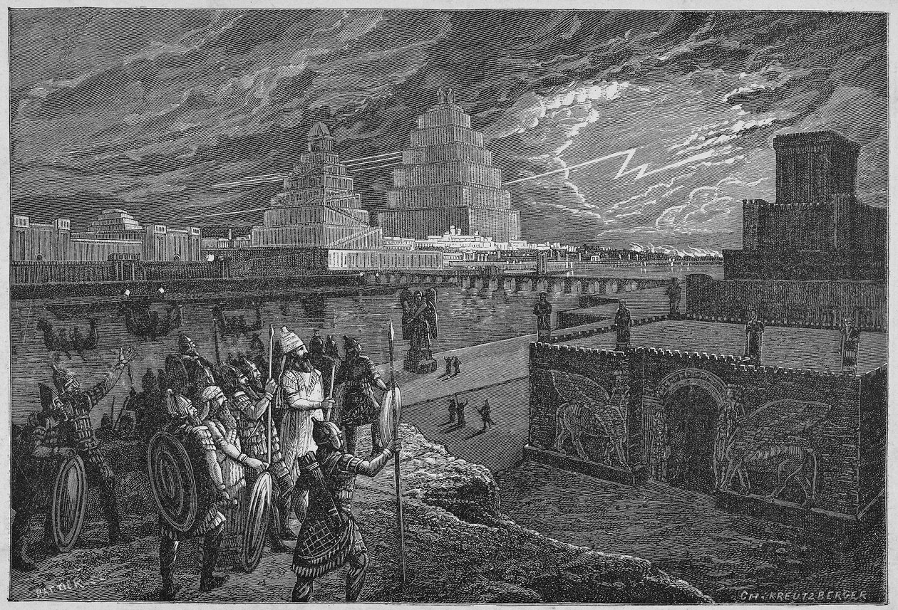 Rekonstrukcja świątyń i pałaców wzdłuż rzeki Babilon - Mezopotamia: rekonstrukcja miasta Babilon, zbudowanego za panowania króla Nabuchodonozora II. autorstwa Unknown artist