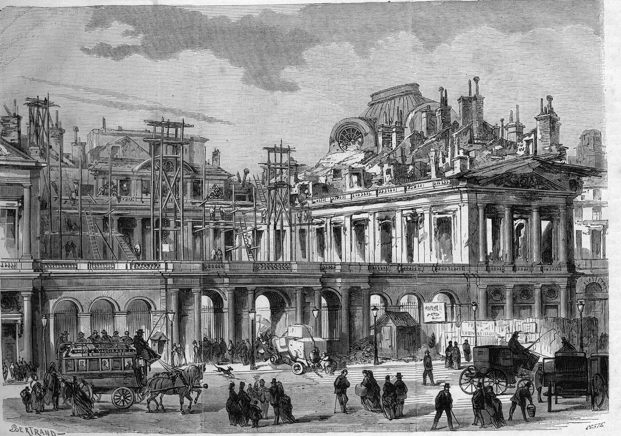 Prace rekonstrukcyjne Pałacu Królewskiego (Palais-Royal) w Paryżu. Grawer w „”L