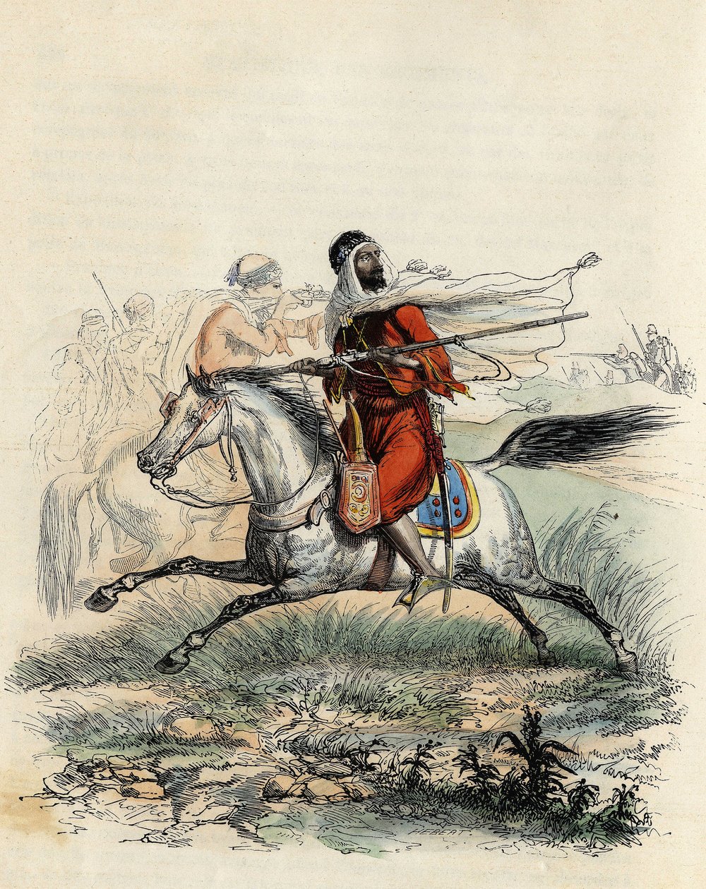 Czerwoni jeźdźcy emira Abd-el-Kadera uciekli przez myśliwych na koniach armii francuskiej w Oranie w 1841 roku, w „L