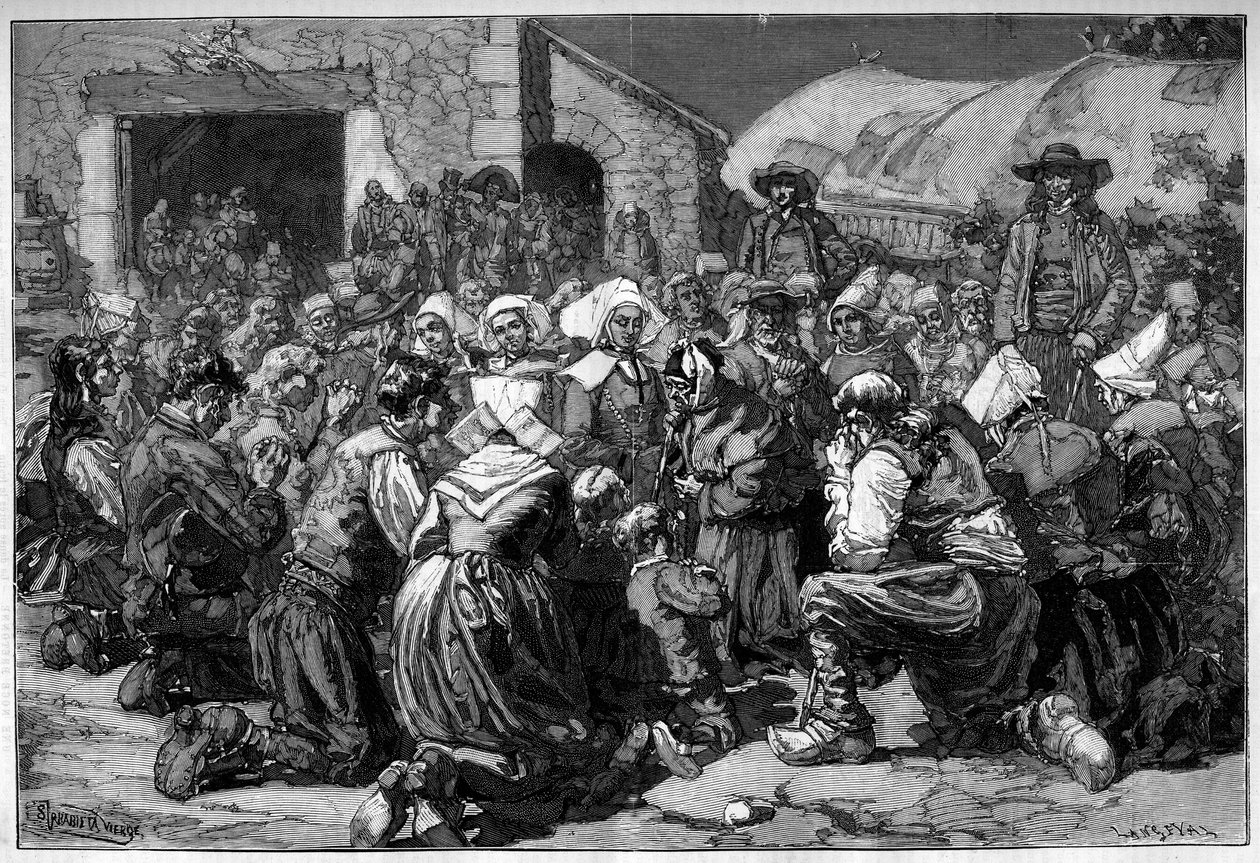 Obyczaj regionalny Francji, małżeństwo bretońskie: żebrackie modlitwy za małżonków. Grawerowanie w „”Le Monde Illustré”” autorstwa Unknown artist